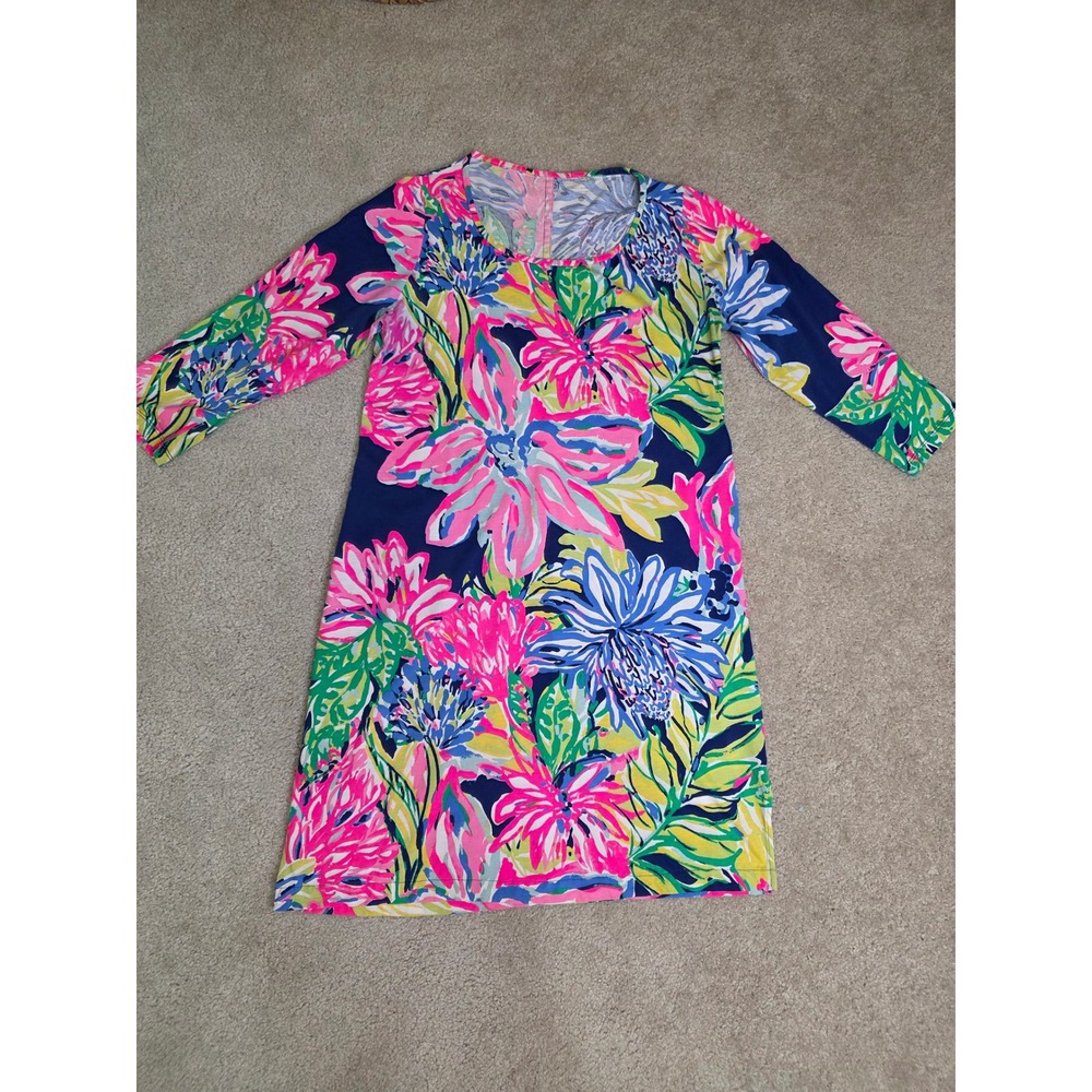 Lilly Pulitzer Pink Blue Floral Pima Cotton 3/4 Sleeve Shift Dress XL